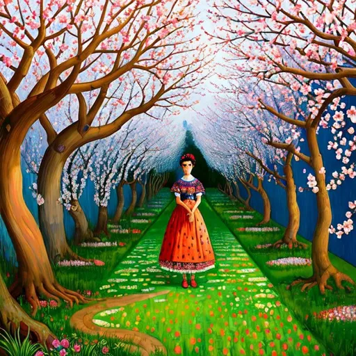 Prompt:  Beautiful Frida Kahlo as Woman in garden, almond blossom luminous trees, intriguing flowers, highly detailed painting, intricate, high quality oil painting , woman Sandro Botticelli style and patchwork by Megan Duncanson and Jennifer Lommers and Didier Lourenço 