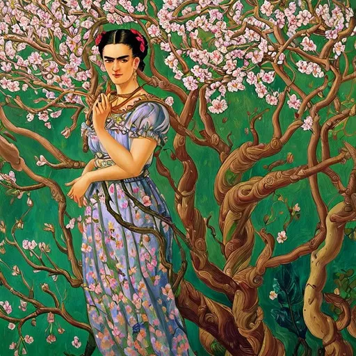 Prompt: Frida Kahlo as Woman in garden, almond blossom luminous trees, intriguing flowers, highly detailed painting, intricate, high quality oil painting , woman Sandro Botticelli style