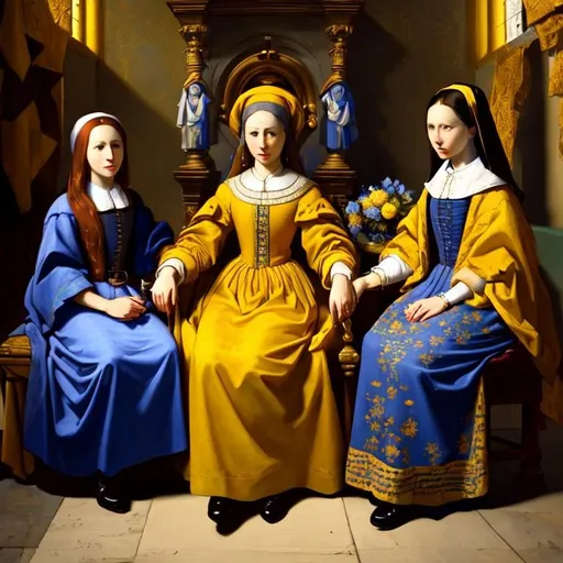 Prompt: The Three Marys by Johannes Vermeer at the Tomb of Jesus, Style Flora Bowley and Vincent van Gogh, 8k, dynamic lighting, ultra detailed
