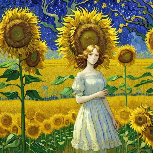 Prompt: oil painting by Vincent Van Gogh, dramatic intense textural brushstrokes, portrait of a beautiful woman standing in a field of Sunflowers and  almond blossom luminous trees, intriguing flowers, highly detailed painting, intricate, high quality oil painting , woman Sandro Botticelli style and patchwork by Megan Duncanson and Jennifer Lommers and Didier Lourenço 