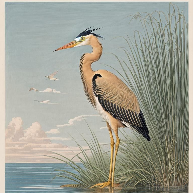 Prompt: Bird book illustration of a golden heron with light blue eyes and long white crest and long black legs, white background with cattail plants, By John James Audubon