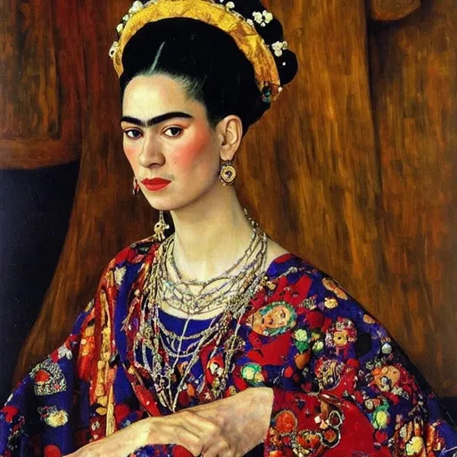 Prompt: a painting by gustav klimt of a beautiful slender blonde young woman frida kahlo in royal dress ,8k, dynamic lighting, ultra detailed