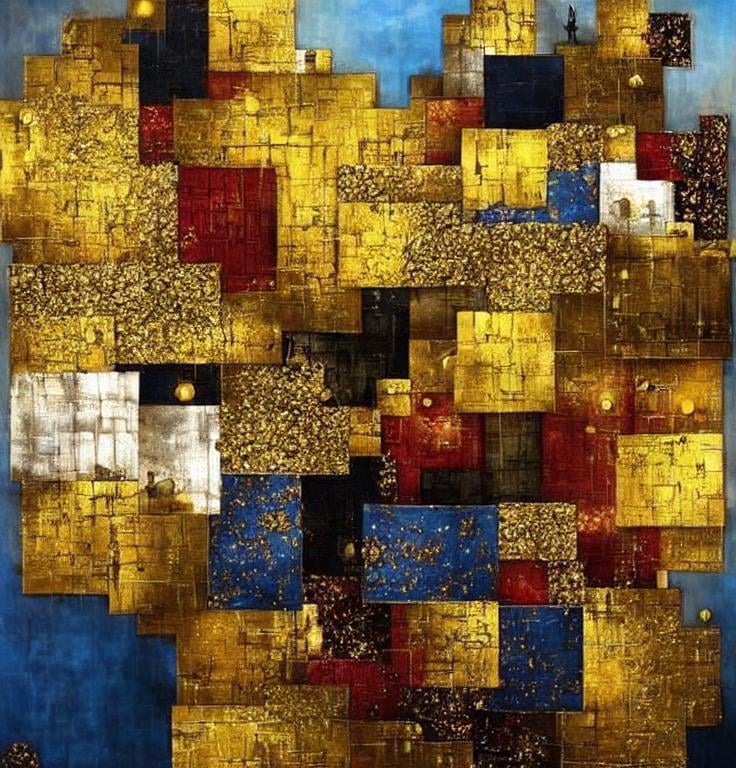 Prompt: King Midas started touching all kinds of things, turning each item into pure gold, patchwork by Megan Duncanson and Jennifer Lommers and Didier Lourenço