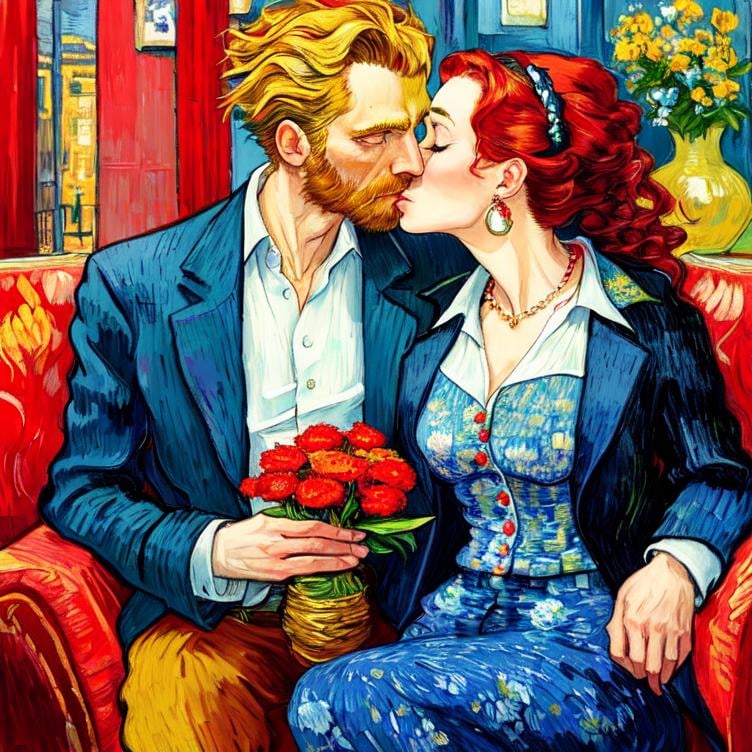 Prompt: Woman kissing Man sitting on the sofa, Style Flora Bowley and Vincent van Gogh,8k and Enki Bilal and Anton Pieck, dynamic lighting, ultra detailed