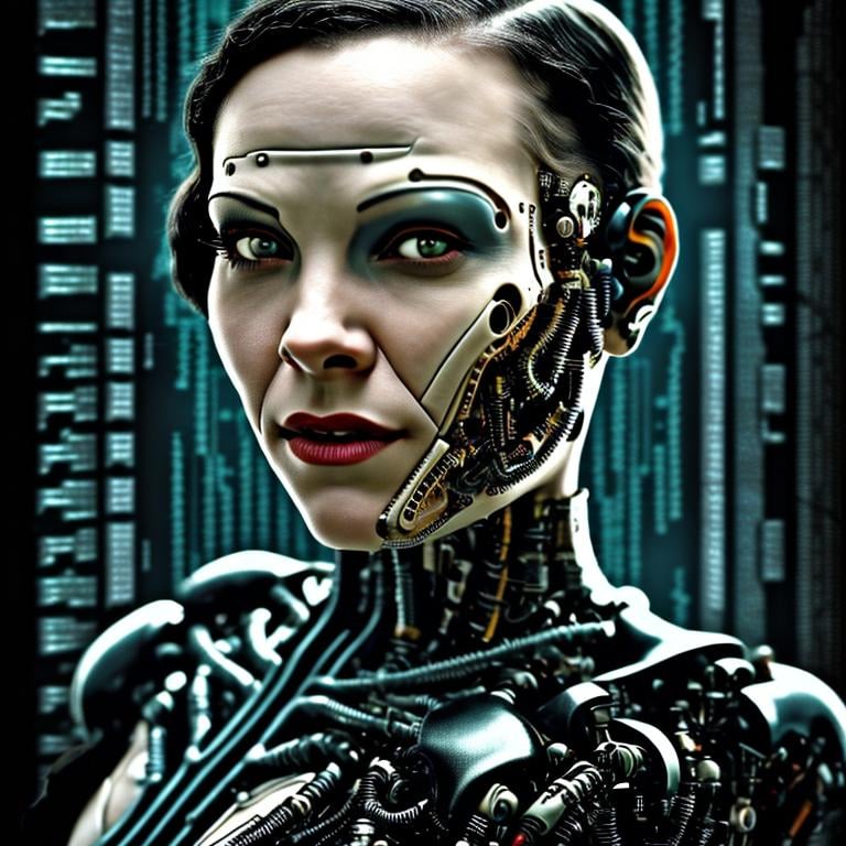 Prompt: Portrait photo of a beautiful female cyborg in the style of early 1920's film photography. Slight details referencing the Matrix. It has small musical details. Medium shot.