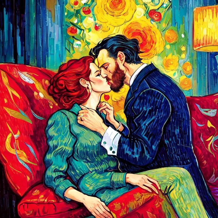 Prompt: Woman kissing Man sitting on the sofa, Style Flora Bowley and Vincent van Gogh,8k and Enki Bilal and Anton Pieck, dynamic lighting, ultra detailed