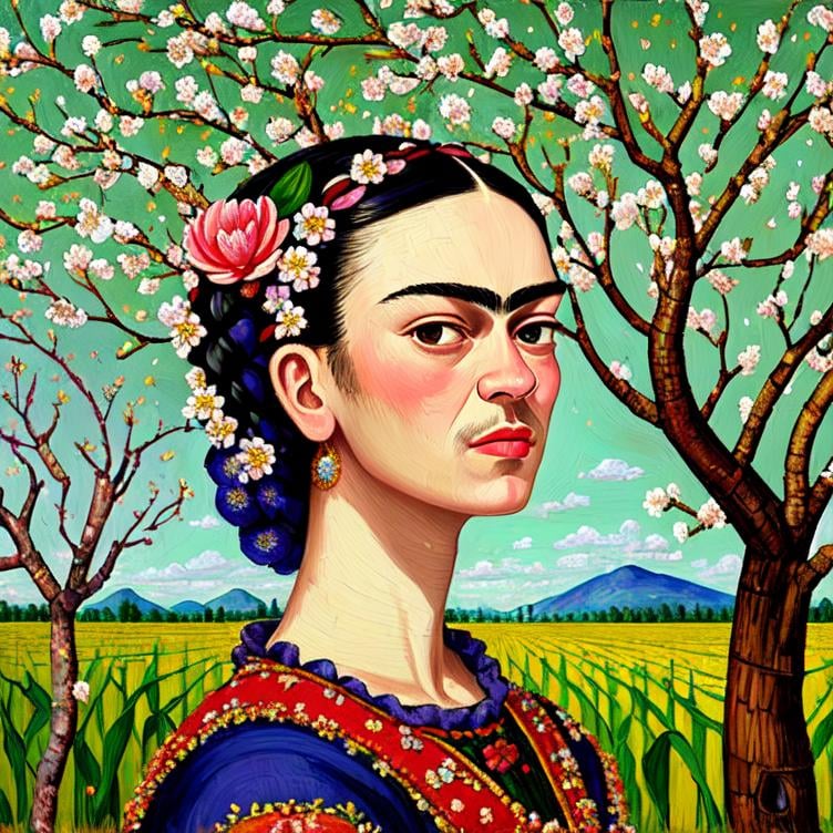 Prompt:  Beautiful Frida Kahlo as Woman in corn fields, fiekd workers, almond blossom luminous trees, intriguing flowers, highly detailed painting, intricate, high quality oil painting , woman Sandro Botticelli style and patchwork by Megan Duncanson and Jennifer Lommers and Didier Lourenço 