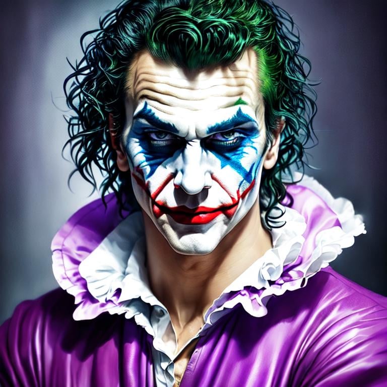 Prompt: fantasy, medieval, joker, UHD, 8k, high quality, ultra quality, perfect composition, trending art, trending on artstation, sharp focus, studio photo, intricate details, cinematic lighting, special effects, hyper realism, hyper realistic, Very detailed, high detailed face, high detailed eyes, oil painting, full body, full view