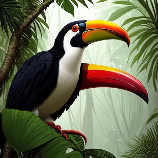 Prompt:  Bird book illustration an of an toucan, background misty dark jungle, cinematic, highly detailed, closeup, digital painting, highly chiseled features, fine body detail, high detail facial features, intricate, very sharp muscular detail, artstation, concept art, smooth, sharp focus, illustration, art By John James Audubon