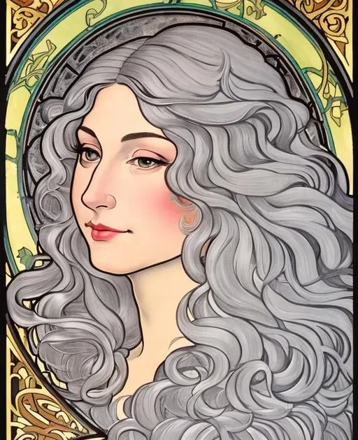 Prompt:  in the style of botticelli. a middle aged woman with long gray hair. she has green eyes. she has green feathers in her air. in the style of alphonse mucha. in the style of maurice sendak.