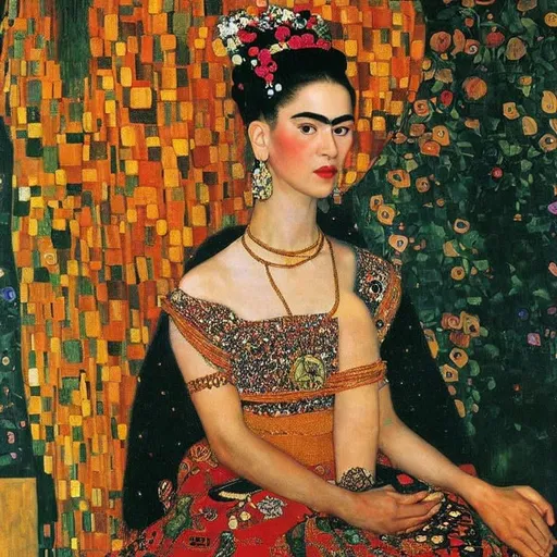 Prompt: a painting by gustav klimt of a beautiful slender blonde young woman frida kahlo in royal dress ,8k, dynamic lighting, ultra detailed