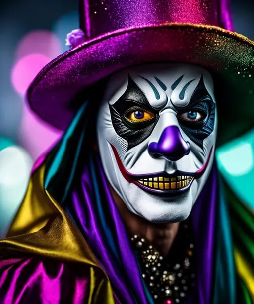 Prompt:  écolorful portraits of a scary masked clown stunning wallpaper, very very detailed,fantasy ,8k, elegant,extremely detailed,fantasy,8k,fantastic view,hypperrealistic,4K 3D, high definition,matte background, bokey 