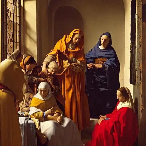Prompt: The three Marys at the tomb of Jesus, Style Johannes Vermeer, 8k, dynamic lighting, ultra detailed