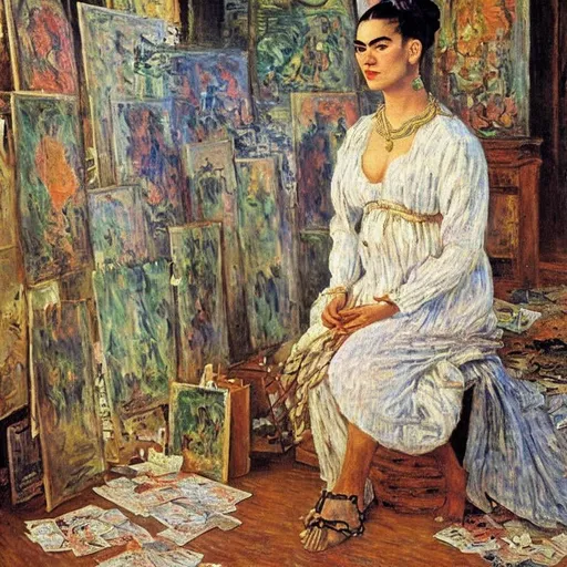 Prompt: a painting by claude monet of a beautiful slender blonde young woman frida kahlo in evening dress in her art studio surrounded by shabby little sketches and small abstract paintings,8k, dynamic lighting, ultra detailed, HDR, 8K, colourfull