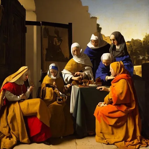 Prompt: The three Marys at the tomb of Jesus, Style Johannes Vermeer, 8k, dynamic lighting, ultra detailed