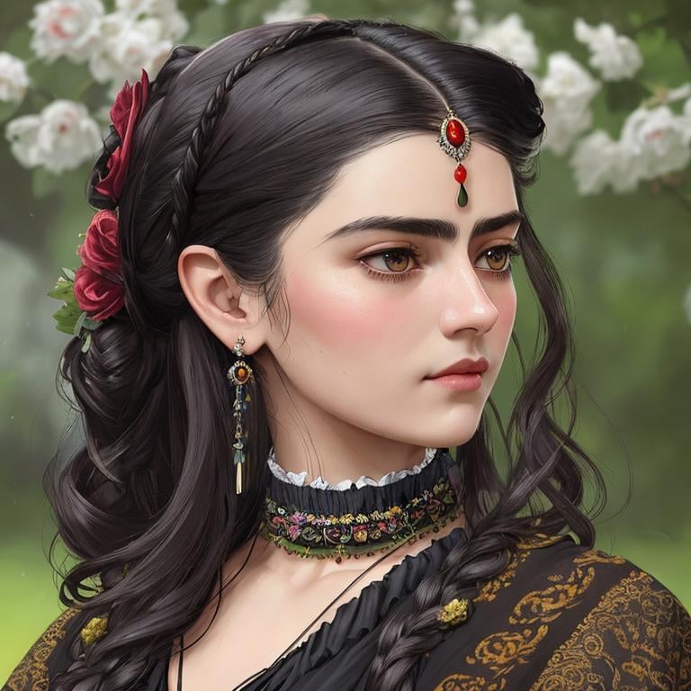 Prompt: Please paint a portrait of a beautiful young long haired Victorian era woman, looks like Friesa Kahlo. English garden backdrop.  Concept art in the style of Yoji Shinkawa, a hyper realistic close-up portrait, 4K symmetrical portrait, in-focus, trending in artstation, cgsociety, 8k post-processing highly detailed, Craig Mullins, Casey Baugh, wlop, Sharandula, Tom Bagshaw, Ross Tran, Artgerm, dramatic, moody lighting, characters 8K symmetrical, artstation, cinematic lighting, intricate details, 8k detail post processing, chiaroscuro --no dof --uplight:1.2), portrait, high detail, realistic, hyperrealistic, premium quality, digital painting, concept art, artistic, portrait