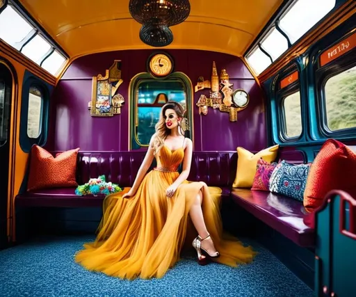 Prompt:  A fusion of fashion-forward styling for a blog, evoking a whimsical and fantastical ambiance against a backdrop of a train. 