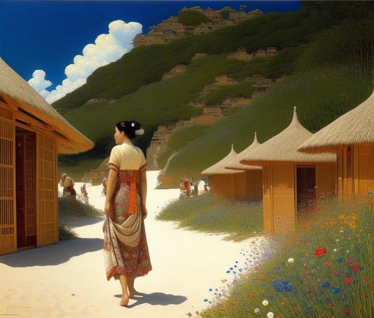 Prompt: Klimt painting of a beautiful japanese girl with white hair walking from the beach to an indigenous village consisting of windshades and small shacks made of driftwood, by William Holman Hunt, Tomasz Sętowski, Enki Bilal, Vladimir Fedotko, Pietro Annigoni, Milo Manara, Botticelli, Catrin Welz-Stein, Jean Metzinger, Klimt

