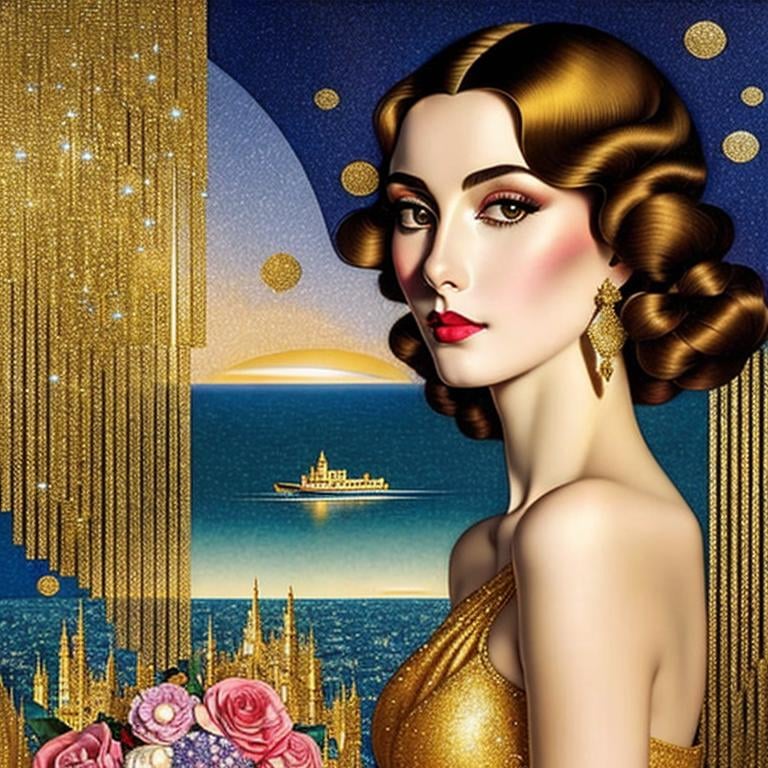 Prompt:  portrait of a Beautiful sensual woman in elegant floreal dress in Art Deco by Annigoni, Egon Schiele, Milo Manara, Botticelli, Catrin Welz-Stein, Jean Metzinger, Klimt, Landscape at nigth, iridiscent sky, without houses, golden ratio, fake detail, trending pixiv fanbox, acrylic palette knife, style of makoto shinkai studio ghibli genshin impact james gilleard greg rutkowski chiho aoshima