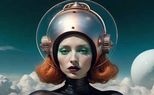 Prompt:  Futuristic sky atmosphere, above clouds, Franz Kafka seated on the right, humanoid female android-beetle on the left, bio-beetle android with copper-red hair, silver pants, circular blue visor helmet, toned back, human-like skin texture, Kafka in metallic draped black dress, deep neckline, high-leg slit, knee-high black boots, porcelain skin, bold makeup with black eyeliner, green lipstick, large Sound funnel like old gramophone, captures songs from stars, intricate design, halo effect, digital illustration, detailed, sharp focus, cool-toned color palette, dramatic lighting, surreal ambiance  

Rembrandt Hans Bellmer