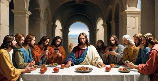 Prompt: Holy Nonsense --- The holy scene, Jesus is sitting at a table with his twelve (12) apostles for his last meal, he speaks in deep and wise words, but the twelve apostles are all distracted looking at their cell phones, Christianity and digitalisation, absurdity of the wise philosopher confronted with the hedonistic narcissism of a civilization that only believes in the connected gadget  
