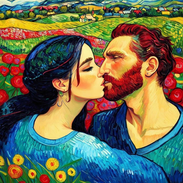 Prompt: Woman kissing Man in landscape of the countryside, Style Flora Bowley and Vincent van Gogh,8k, 
 dynamic lighting, ultra detailed