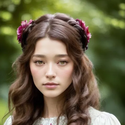 Prompt: Please paint a portrait of a beautiful young long haired Victorian era woman, looks like Astrid Berges-Frisbey . English garden backdrop.  Concept art in the style of Yoji Shinkawa, a hyper realistic close-up portrait, 4K symmetrical portrait, in-focus, trending in artstation, cgsociety, 8k post-processing highly detailed, Craig Mullins, Casey Baugh, wlop, Sharandula, Tom Bagshaw, Ross Tran, Artgerm, dramatic, moody lighting, characters 8K symmetrical, artstation, cinematic lighting, intricate details, 8k detail post processing, chiaroscuro --no dof --uplight:1.2), portrait, high detail, realistic, hyperrealistic, premium quality, digital painting, concept art, artistic, portrait