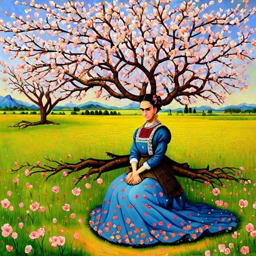 Prompt:  Beautiful Frida Kahlo as Woman in Fields, almond blossom luminous trees, intriguing flowers, highly detailed painting, intricate, high quality oil painting , woman Sandro Botticelli style and patchwork by Megan Duncanson and Jennifer Lommers and Didier Lourenço 