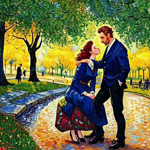 Prompt: Woman kissing Man sitting on an bank in the park, Style Flora Bowley and Vincent van Gogh,8k and Enki Bilal and Anton Pieck, dynamic lighting, ultra detailed