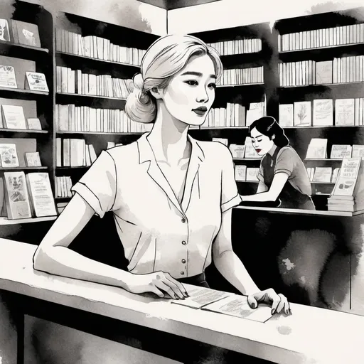 Prompt: minimalist graphic poster of a modern young blonde vietnamese woman sitting behind the counter in a little vintage bookstore. She looks up with pleasant surprise to great a european woman entering the bookshop, solid colors only. one line drawing. art deco and marimekko, final features, illustrative stylization, graphic emphasis, high accent textures, colored line patterns.