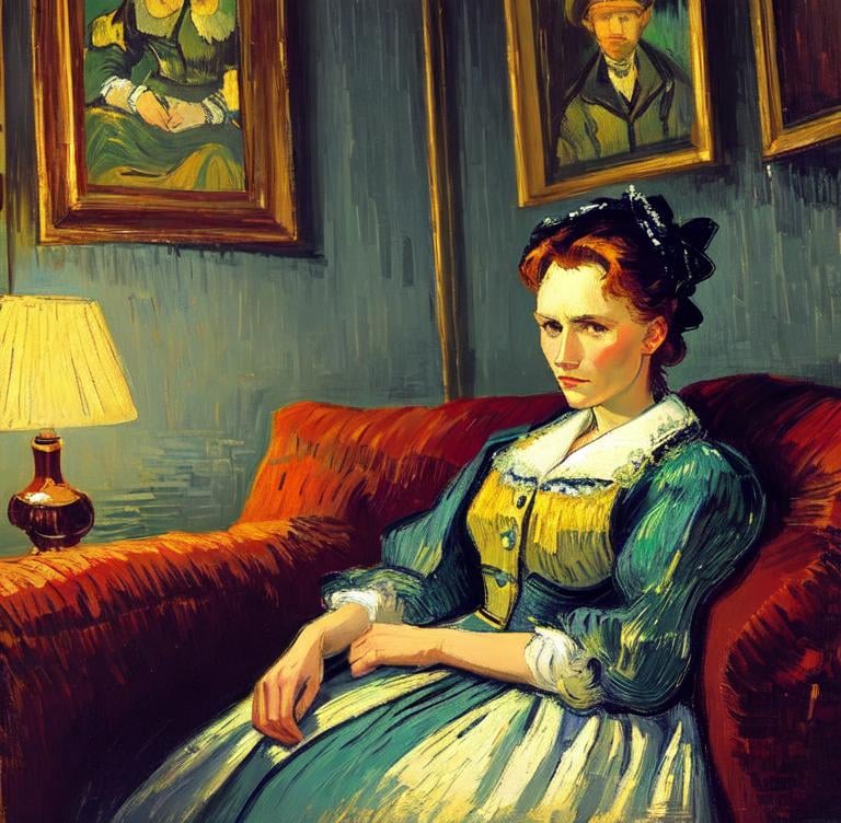 Prompt: Woman sitting on the sofa, Style  Vincent van Gogh,8k, dynamic lighting, ultra detailed