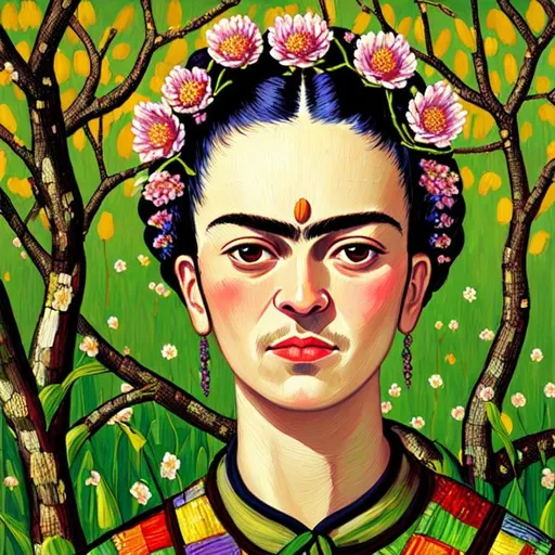 Prompt:  Beautiful Frida Kahlo as Woman in corn fields, field workers, almond blossom luminous trees, intriguing flowers, highly detailed painting, intricate, high quality oil painting , woman Sandro Botticelli style and patchwork by Megan Duncanson and Jennifer Lommers and Didier Lourenço 