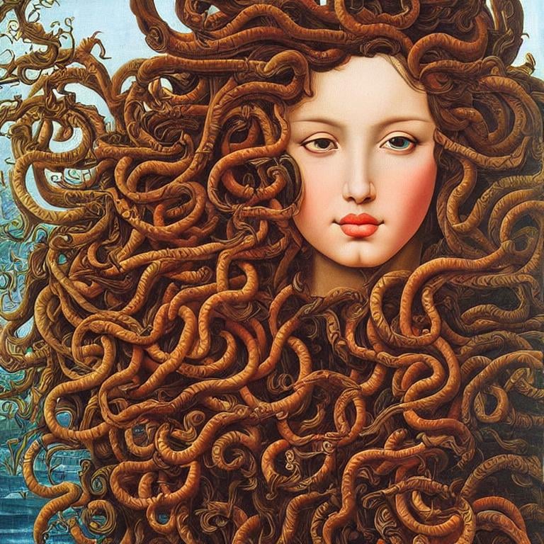 Prompt: Medusa , highly detailed painting, intricate, high quality oil painting , woman Sandro Botticelli style 