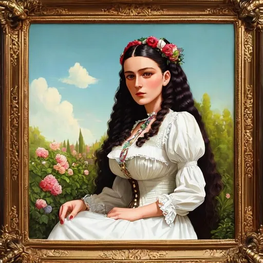 Prompt: portrait of a beautiful young long haired Victorian era woman, looks like Friesa Kahlo. English garden backdrop. Art Deco Fine Art illustration of ((Blake Lively)) as a stunning young and attractive #diaper-girl# Woman, ((wearing an adult diaper)) that is (designed to resemble a Pampers baby diaper). She loves wearing diapers, is an ABDL. The diaper should have a similar shape and design, with a white absorbent core, colored waistband, and cartoon characters or other playful graphics, adult diaper features include its high absorbency, softness, and comfort. The overall tone should be playful and lighthearted, with the goal of appealing to adults who want a diaper that is both functional and fun, trending on artstation., Artgerm, dramatic, moody lighting, characters 8K symmetrical, artstation, cinematic lighting, intricate details, 8k detail post processing, chiaroscuro --no dof --uplight:1.2), portrait, high detail, realistic, hyperrealistic, premium quality, digital painting, concept art, artistic, portrait