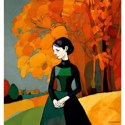 Prompt: Colors of autumn by my house; style of Klee and Dee Nickerson. sharp focus elegant intricate details sensuality poster high definition crisp quality matte background Klee Art Matisse Art balanced composition Dee Nickerson (giclée) complex hyper-detailed