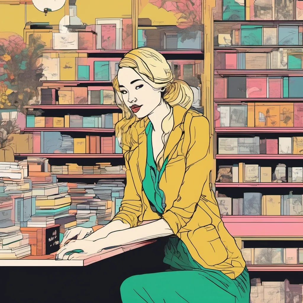 Prompt: minimalist graphic poster of a modern young blonde vietnamese woman sitting behind the counter in a little vintage bookstore. She looks up with pleasant surprise to great a european woman entering the bookshop, solid colors only. one line drawing. art deco and marimekko, final features, illustrative stylization, graphic emphasis, high accent textures, colored line patterns.