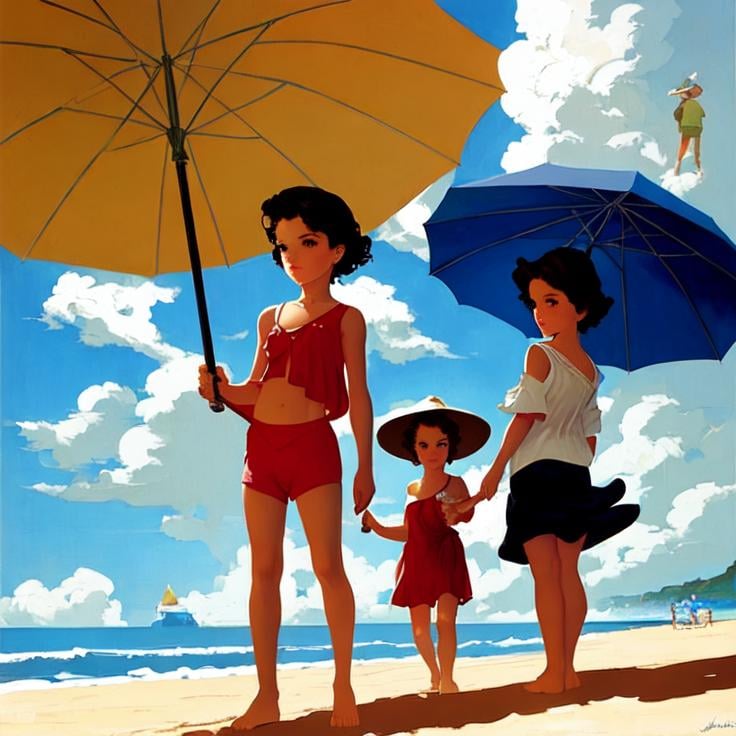 Prompt:  beach landscape, girls and boys, playing children, beach cottages,umbrellas, Style: Jack Vettriano, catherine abel, beautiful crisp colors 