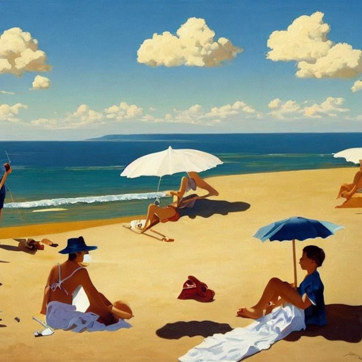 Prompt:  beach landscape, boys and girls Style: Jack Vettriano, catherine abel, beautiful crisp colors 