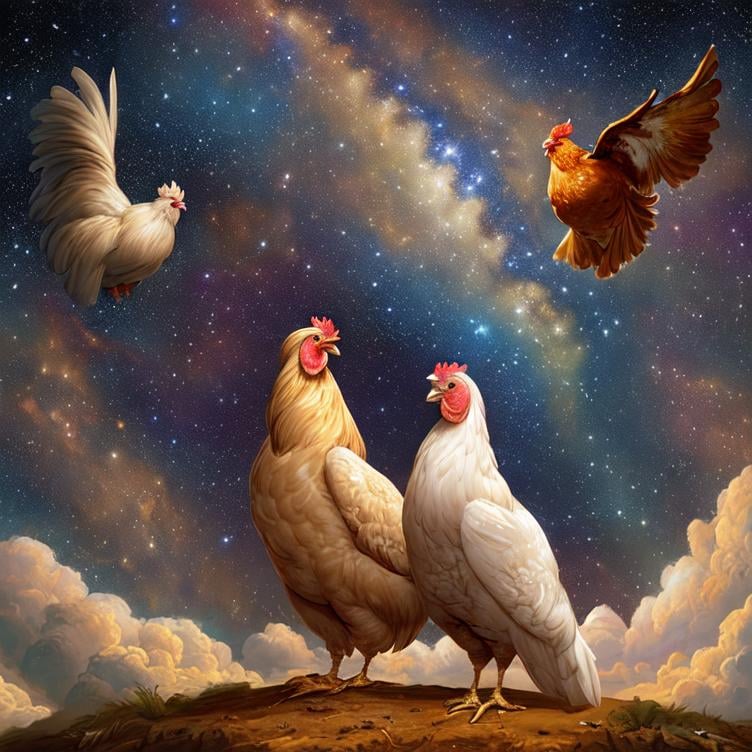 Prompt:  Oil painting by Botticelli portrait of a beautiful chickens observing star dust and clouds in the milky-way, stunning image, epic fantasy image, award-winning cgi, artstation, blender 