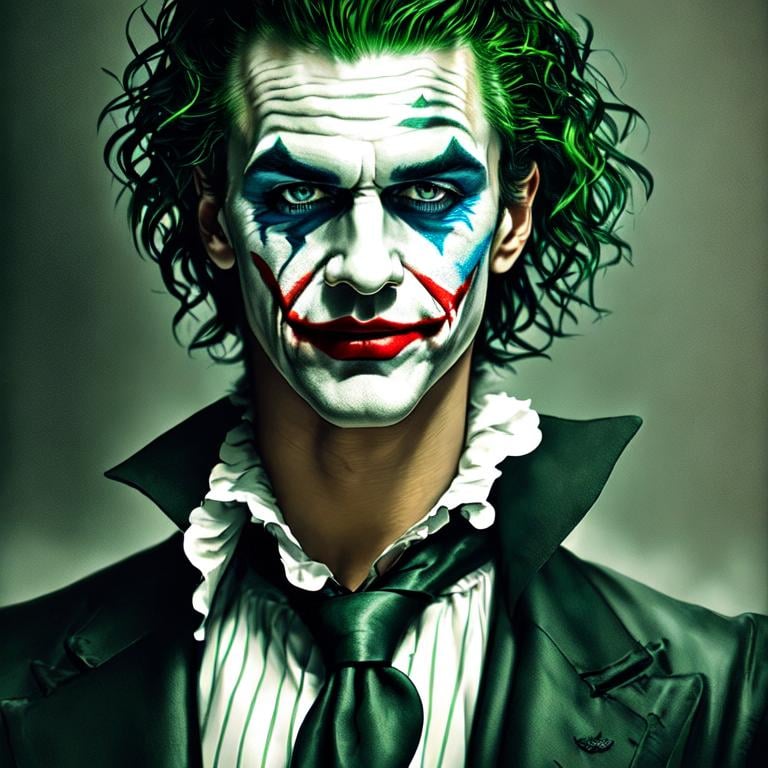 Prompt: fantasy, medieval, joker, UHD, 8k, high quality, ultra quality, perfect composition, trending art, trending on artstation, sharp focus, studio photo, intricate details, cinematic lighting, special effects, hyper realism, hyper realistic, Very detailed, high detailed face, high detailed eyes, oil painting, full body, full view