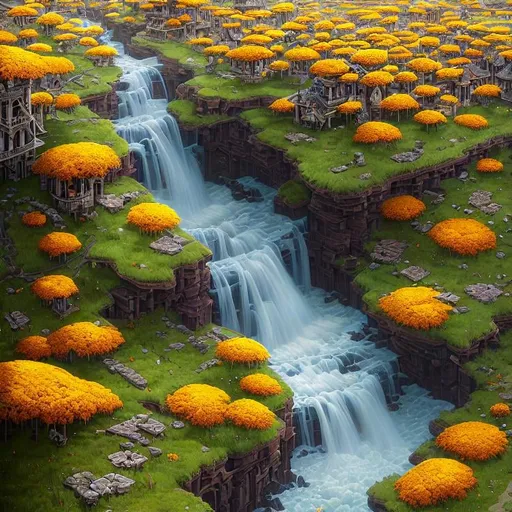 Prompt: Striking Yellow and Gray landscape with Marigold Flowers. extreme details, highly detailed, extremely detailed, beautiful, high detail, ultra detailed, high definition, hdr, acrylic art, intricate details, Jacek Yerka