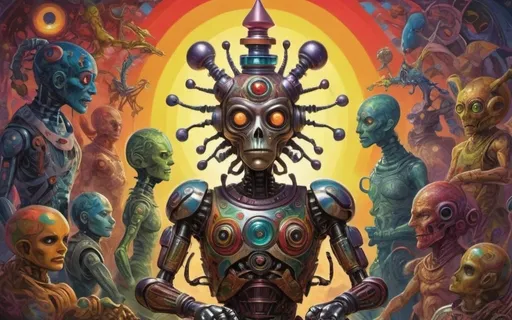 Prompt: In a mind-bending fusion of retro psychedelic surrealism and science fiction, the scene unfolds with vibrant intensity. Imagine a chaotic chessboard come to life, where anthropomorphic and zoomorphic chess pieces clash in a kaleidoscope of colors and shapes. At the center of this psychedelic battleground stands a hybrid half-robot, half-human figure adorned with insect-like appendages and antennas for headgear. Its metallic limbs intertwine with organic matter, blurring the lines between man and machine. Amidst the chaos, a Rastafari character emerges, clad in traditional garments, exuding an aura of mysticism and rebellion. Nearby, a muscular mummy entity dons eastern attire, its bandages unraveled to reveal a formidable presence. Hovering above them all is a stern alien with a swine head, its large teeth bared in aggression. Its gaze pierces through the surreal landscape, hinting at unfathomable motives. In the midst of this psychedelic tapestry, a hippie female figure dances, clad in 60s hippie clothing, her movements a whirlwind of freedom and expression. Every detail of this surreal composition is rendered with meticulous precision, from the intricate designs adorning each character to the aged colors and textures reminiscent of vintage comic books. The result is a mesmerizing tableau that transcends time and space, inviting viewers into a world of boundless imagination and intrigue.