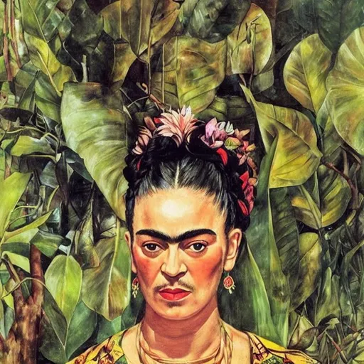 Prompt: portrait of frida kahlo, bali jungle background, detailed painting, epic lighting, by ilya repin, phil hale and kent williams