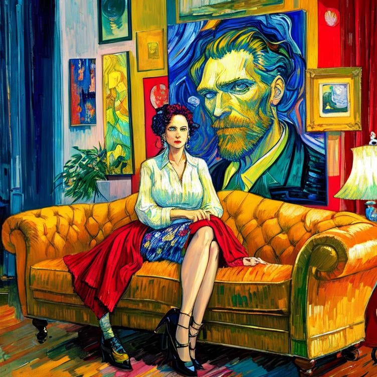 Prompt: Woman sitting on the sofa, Style Flora Bowley and Vincent van Gogh,8k and Enki Bilal and Anton Pieck, dynamic lighting, ultra detailed