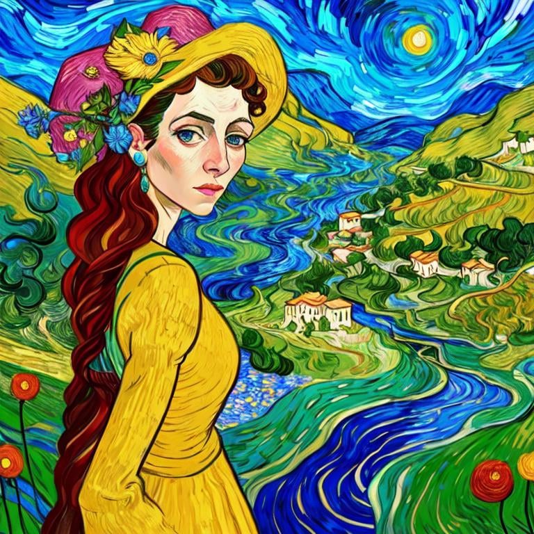 Prompt: Beautiful italian lady in an beautiful landscape of Umbrië, Style Flora Bowley and Vincent van Gogh,8k, dynamic lighting, ultra detailed