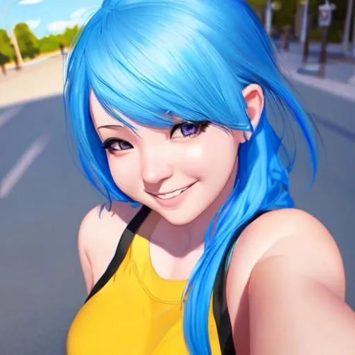 Prompt: SamDoesArt, a girl, blue hair, smile, sunny, day, taking selfie, HDRI, masterpiece, smooth, sharp focus, illustration, golden ratio,  art by Sam Yang