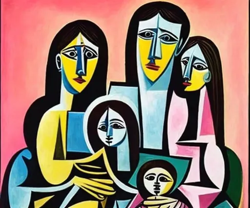 Prompt: The Holy Family painted by Picasso in his pink period