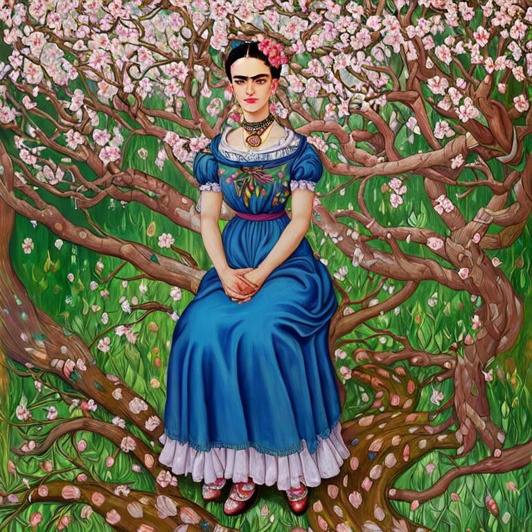 Prompt: Frida Kahlo as Woman in garden, almond blossom luminous trees, intriguing flowers, highly detailed painting, intricate, high quality oil painting , woman Sandro Botticelli style