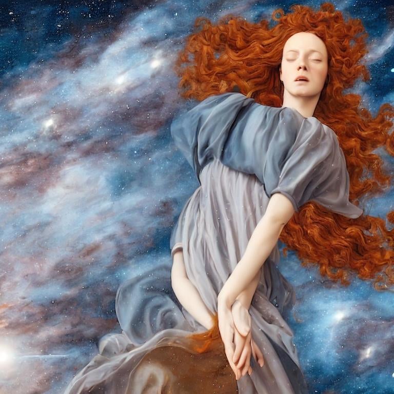 Prompt:  Oil painting by Botticelli portrait of a beautiful woman with curly auburn hair observing star dust and clouds in the milky-way, stunning image, epic fantasy image, award-winning cgi, artstation, blender 