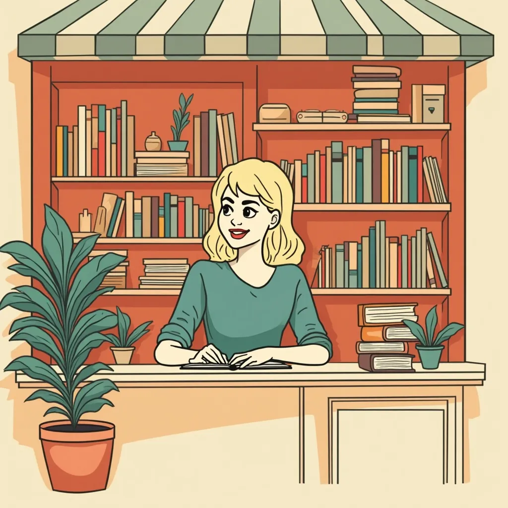 Prompt: minimalist graphic poster of a modern young blonde vietnamese woman sitting behind the counter in a little vintage bookstore. She looks up with pleasant surprise to great a european woman entering the bookshop, solid colors only. one line drawing. art deco and marimekko, final features, illustrative stylization, graphic emphasis, high accent textures, colored line patterns.